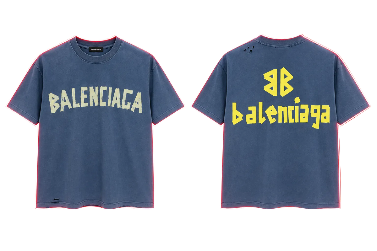 Balenciaga BB Distressed Tee - Washed Blue